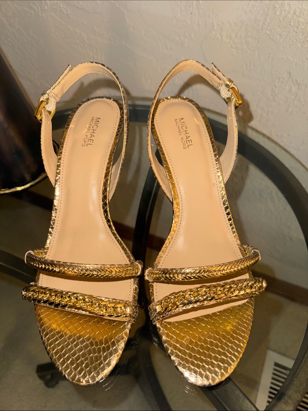 Michael Kors Metallic Gold Braided Strap Slingback Heels NWT size 8.5